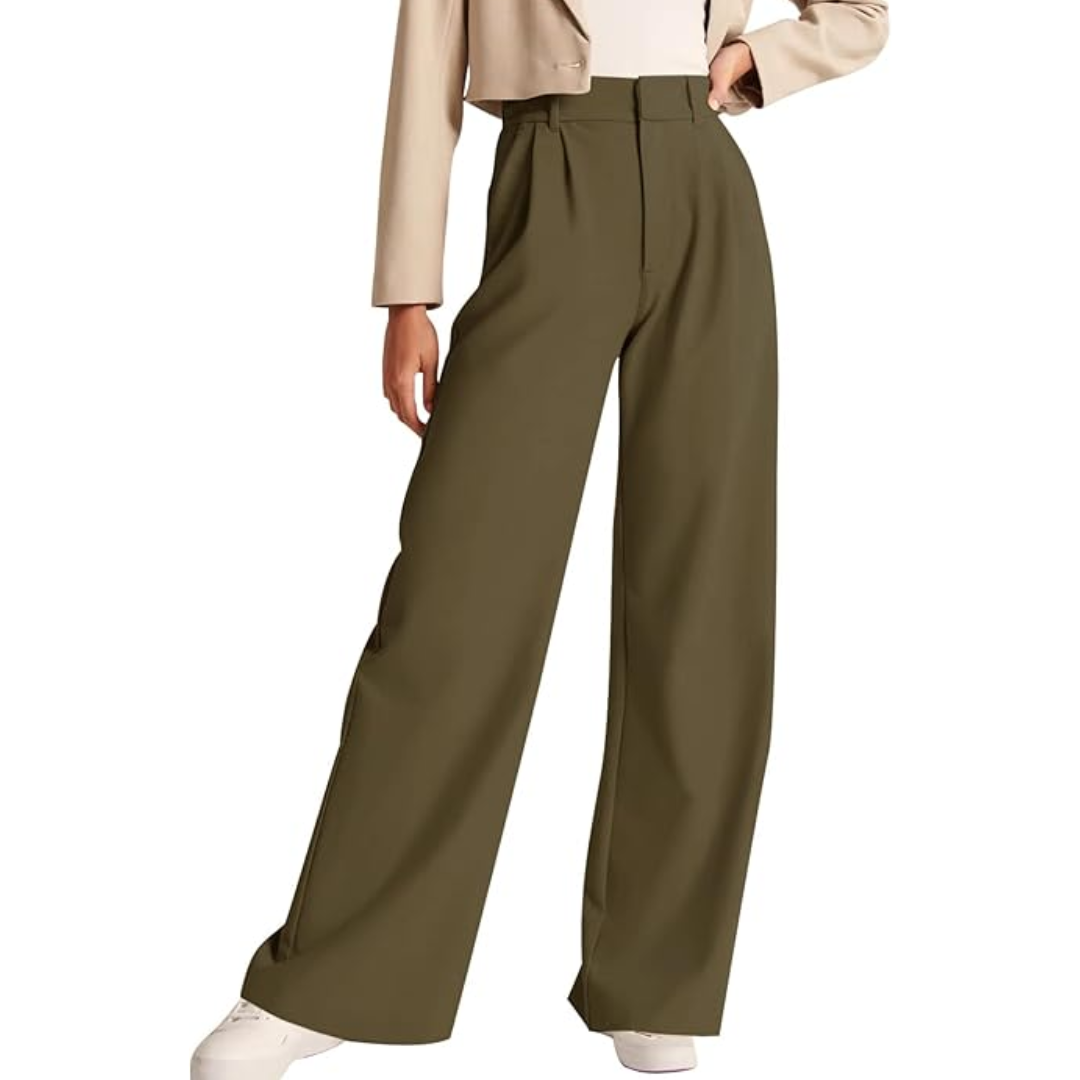 Olive green high-waisted trousers with flowing wide legs and a defined pleated front.