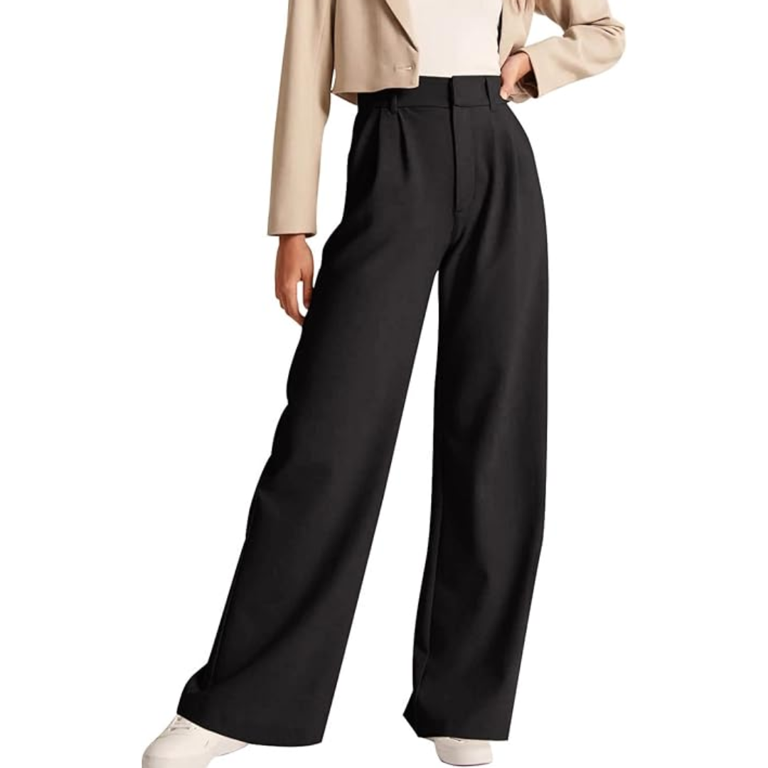 Black high-waisted wide-leg trousers with front pleats, modeled with a cropped neutral jacket.