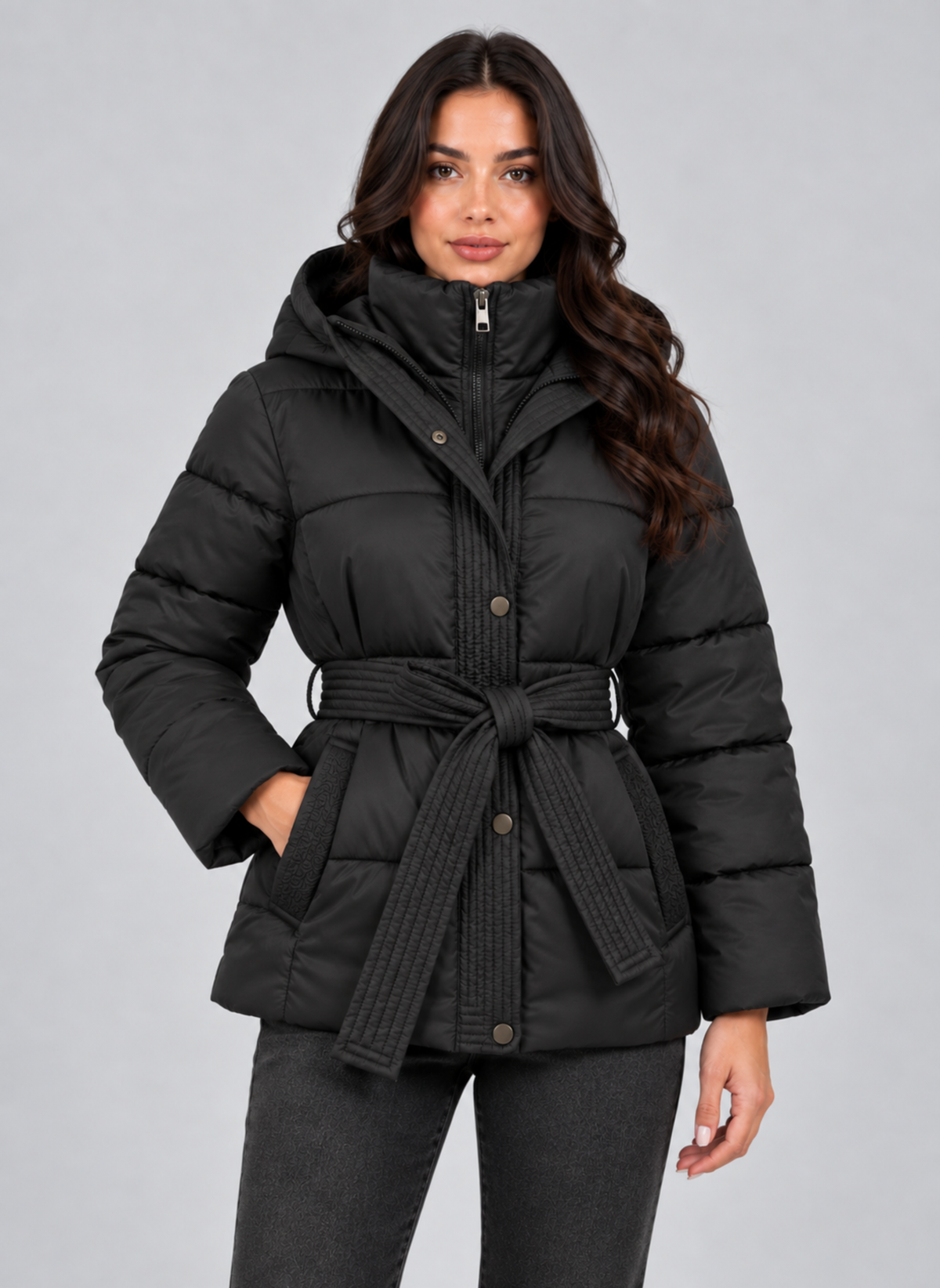 Front view of the black quilted puffer jacket with one hand in a side pocket and the matching belt tied at the waist.