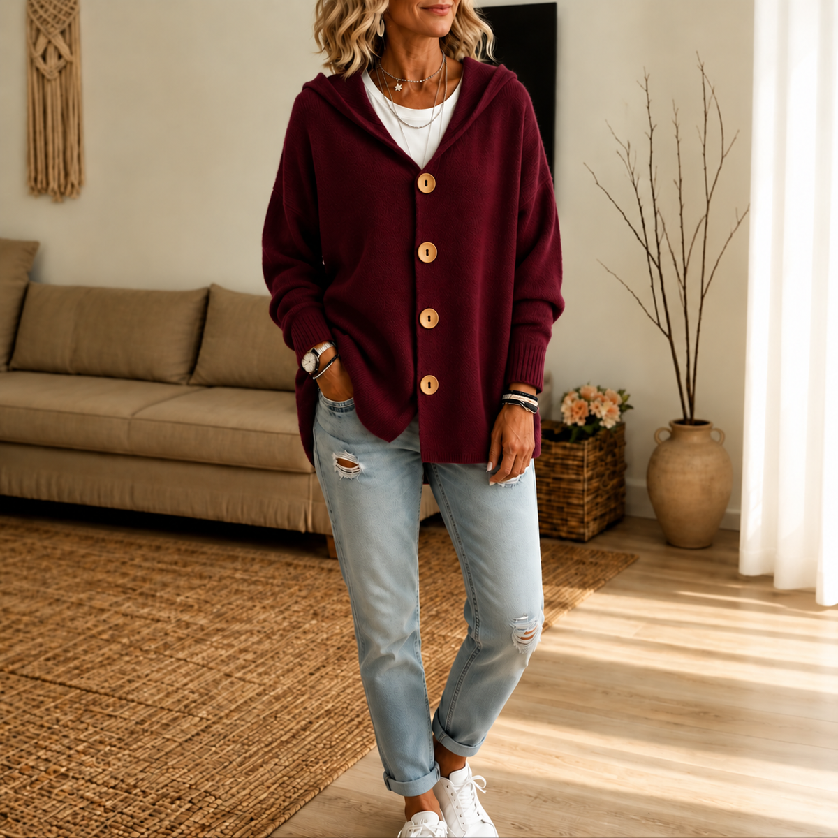 Burgundy version of the hooded button-front cardigan styled with distressed jeans and white sneakers.