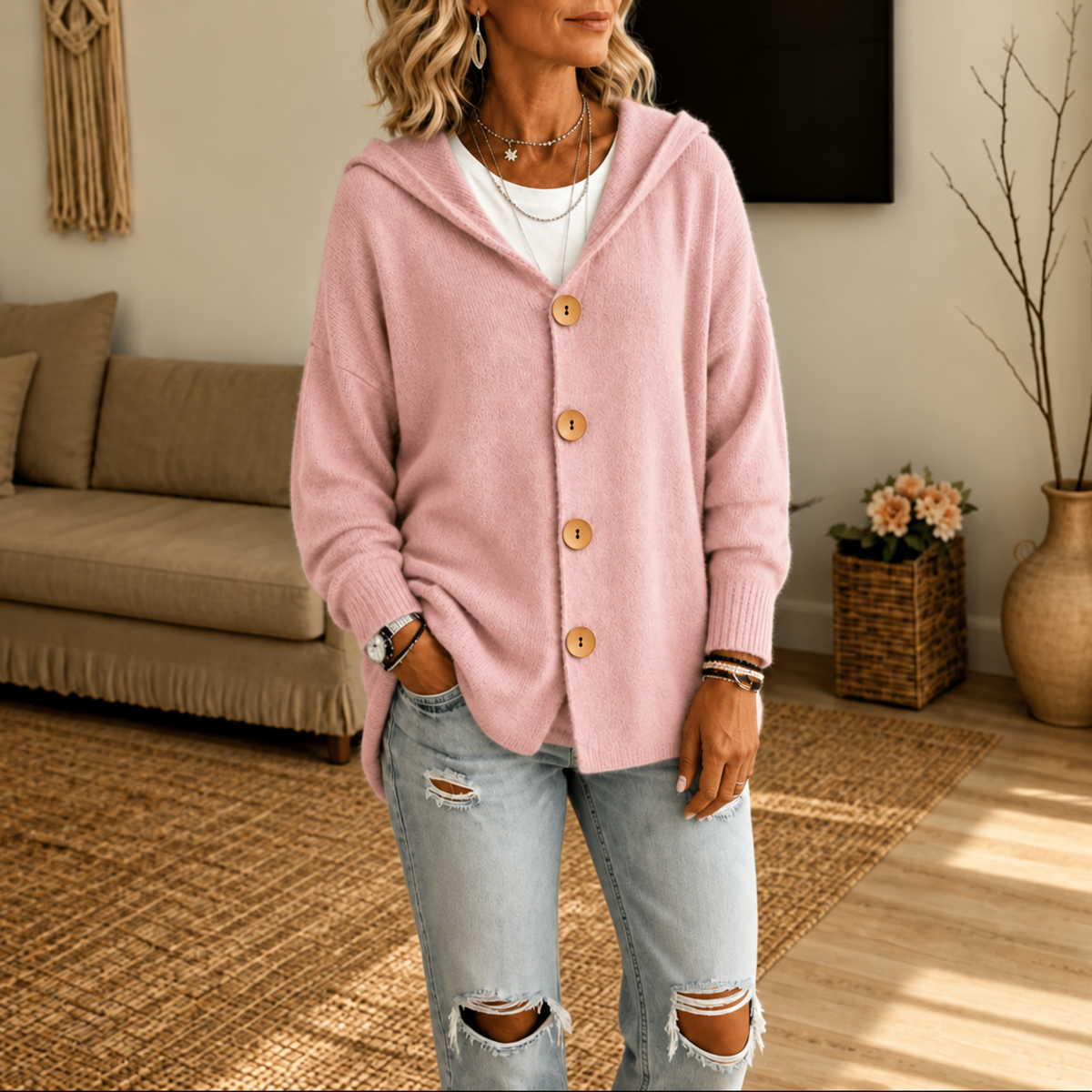 Pink hooded cardigan with wooden buttons and ribbed cuffs worn over a white top.