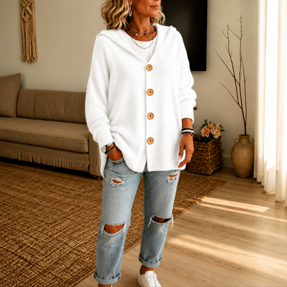 White hooded cardigan worn buttoned with distressed jeans and white sneakers.