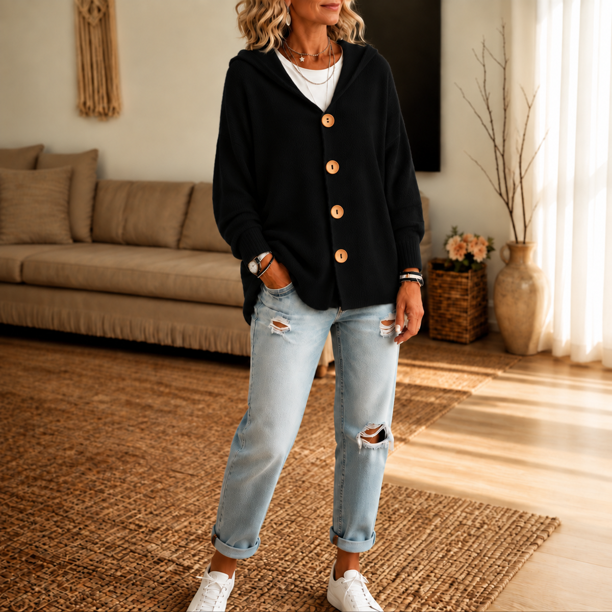 Black hooded cardigan with wooden buttons worn with rolled jeans and white sneakers.