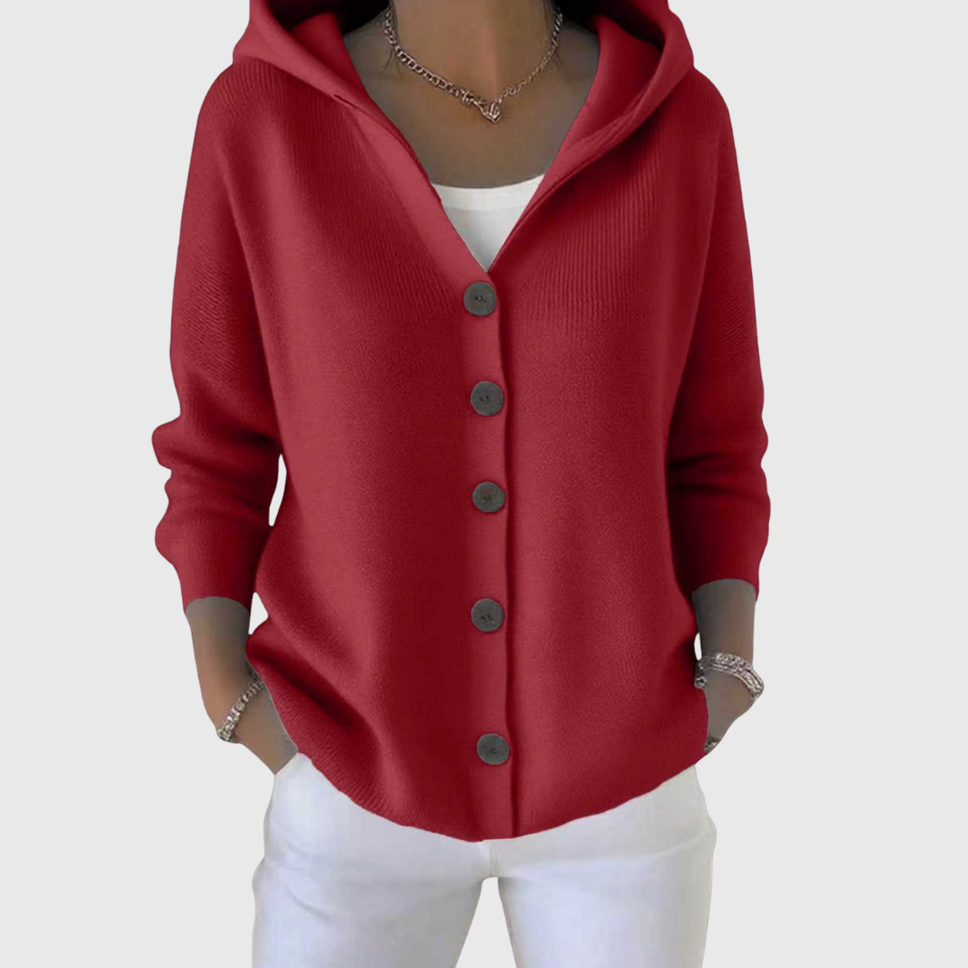 Deep red hooded button-front cardigan with long sleeves and a relaxed layered fit.