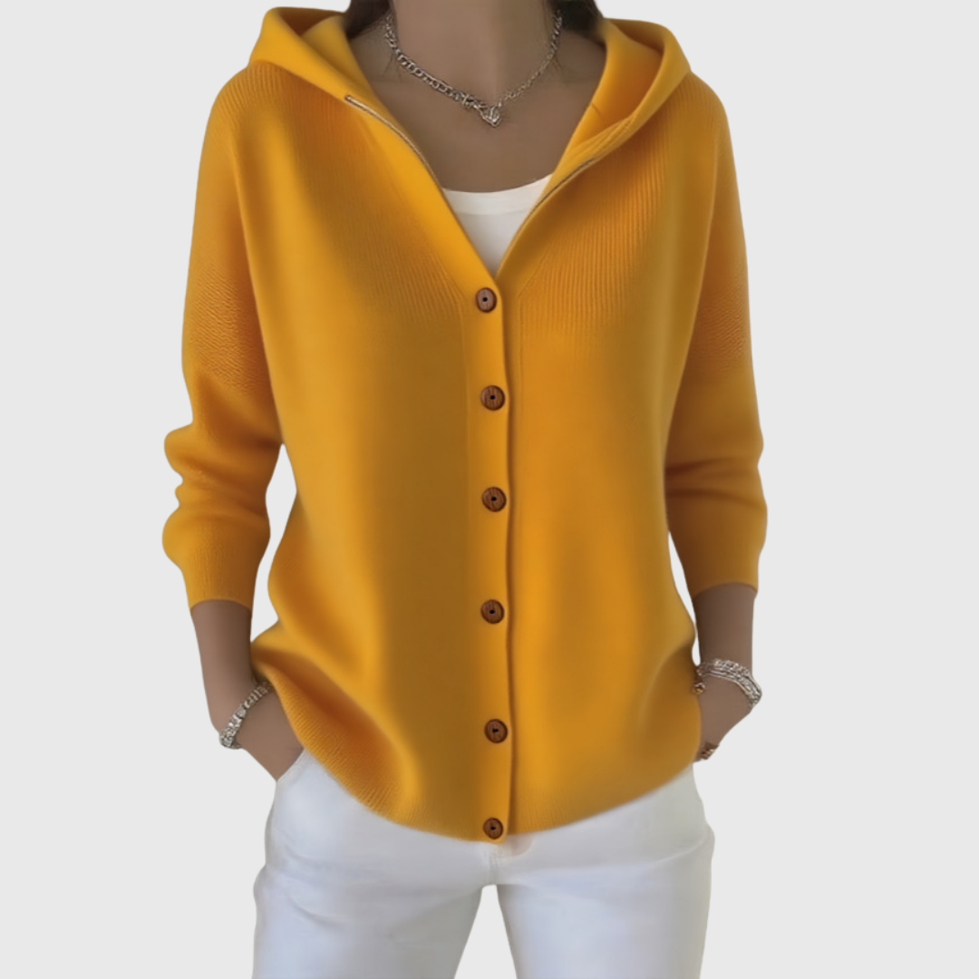 Golden orange hooded cardigan with a full row of buttons and a relaxed everyday shape.
