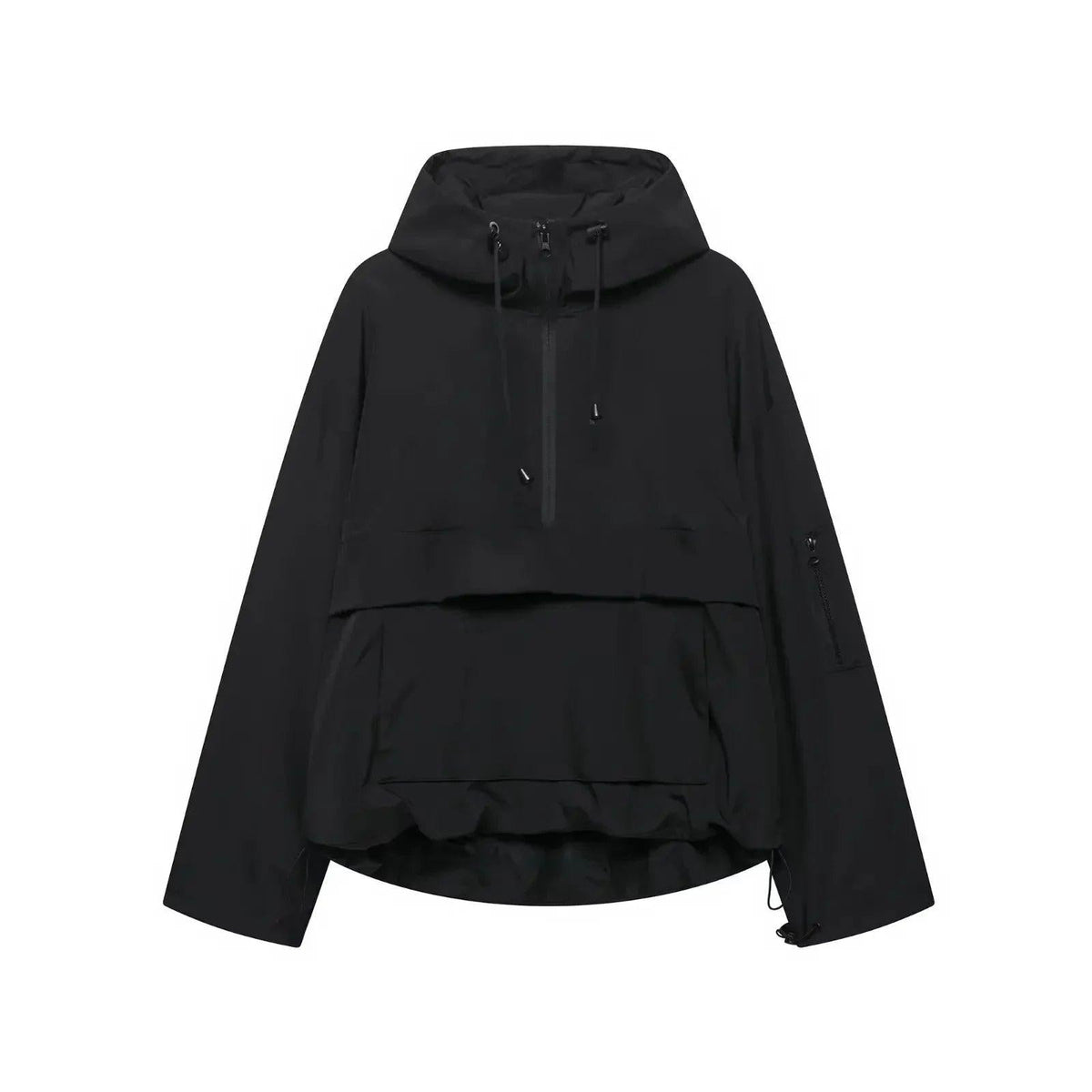 Black hooded half-zip anorak jacket with drawcords, wide long sleeves, overlapping front panel, and zippered sleeve pocket.