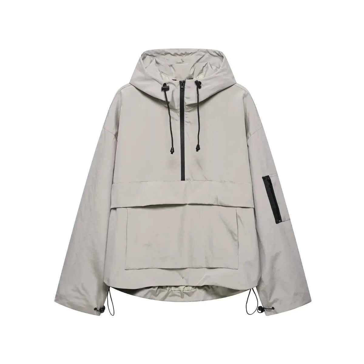 Light gray hooded anorak jacket featuring a half-length black front zip, relaxed long sleeves, lower front panel, and sleeve pocket.