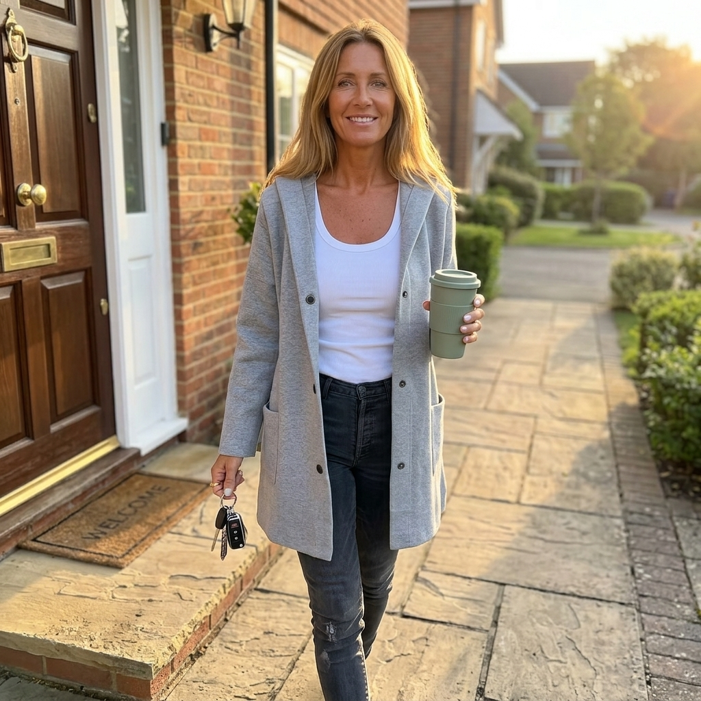 Gray hooded cardigan worn open during a walk, with front pockets and long sleeves visible.