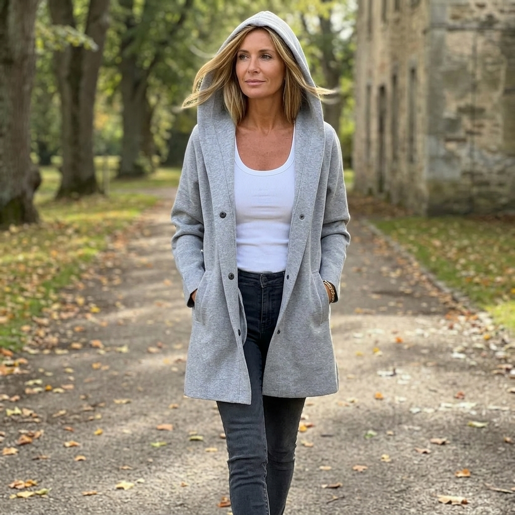 Front view of the gray cardigan with its hood up and hands placed in the two front pockets.