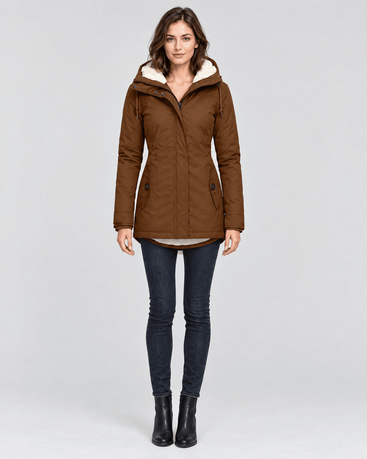 Front view of the brown hooded winter jacket with a lightly fitted shape, covered zip closure, and two angled pockets.