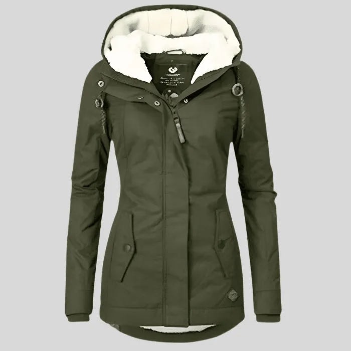 Olive green winter jacket displayed front-facing with a light-lined hood, drawcords, covered zipper, and flap-covered pockets.