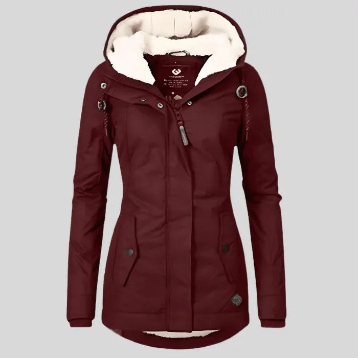 Burgundy winter jacket displayed front-facing with the hood open, light-colored lining, drawcords, protective placket, and two buttoned pockets.