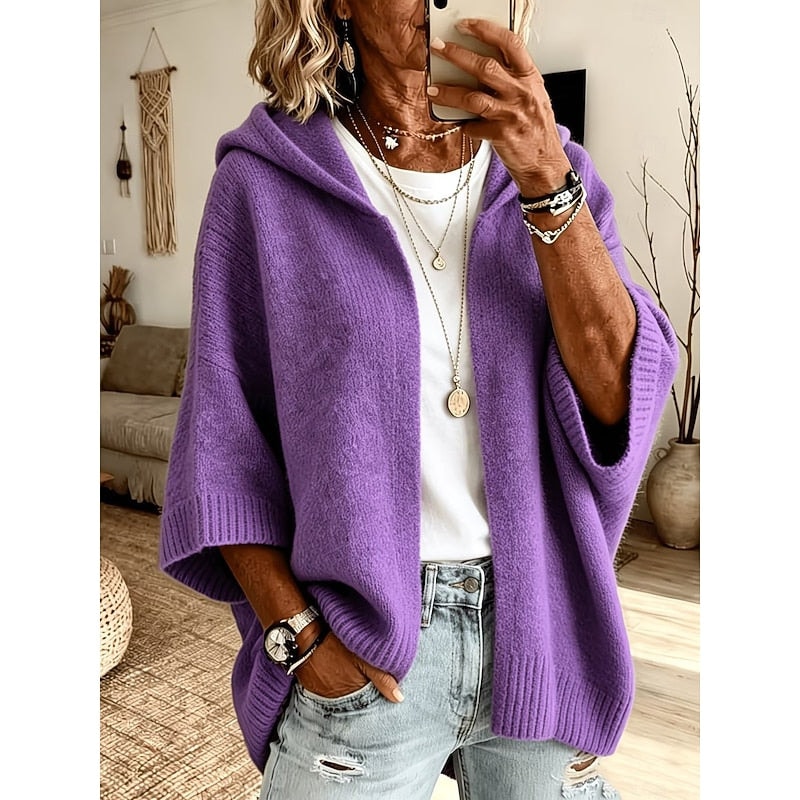 Purple hooded open-front cardigan displayed from the front, featuring a relaxed drape, open layering design, and ribbed cuffs.