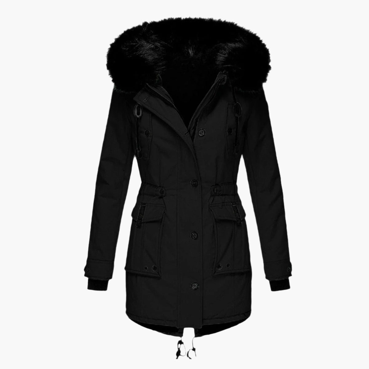 Front view of the parka in black, showing its fur-trimmed hood, shaped waist, long sleeves, and pocketed mid-length design.