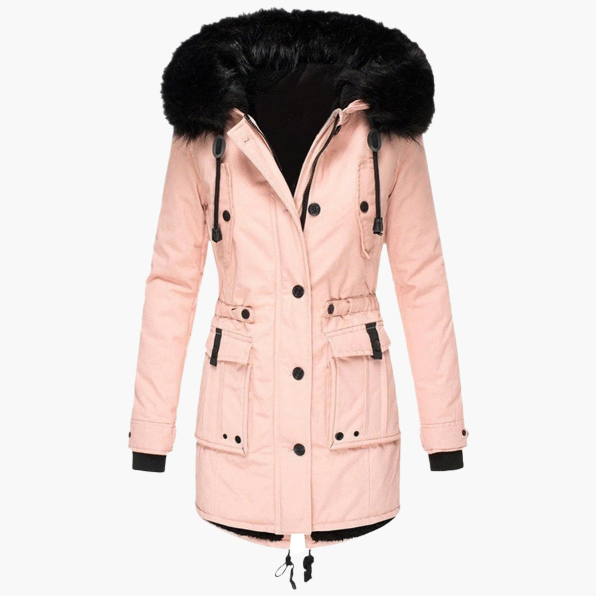 Front view of the parka in pale pink, featuring a dramatic black-trimmed hood, front buttons, waist drawstrings, and utility pockets.
