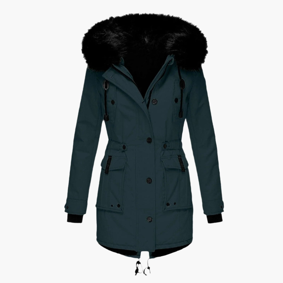 Front view of the parka in dark teal with black faux fur hood trim, hanging hood drawcords, a fitted waist, and long sleeves.