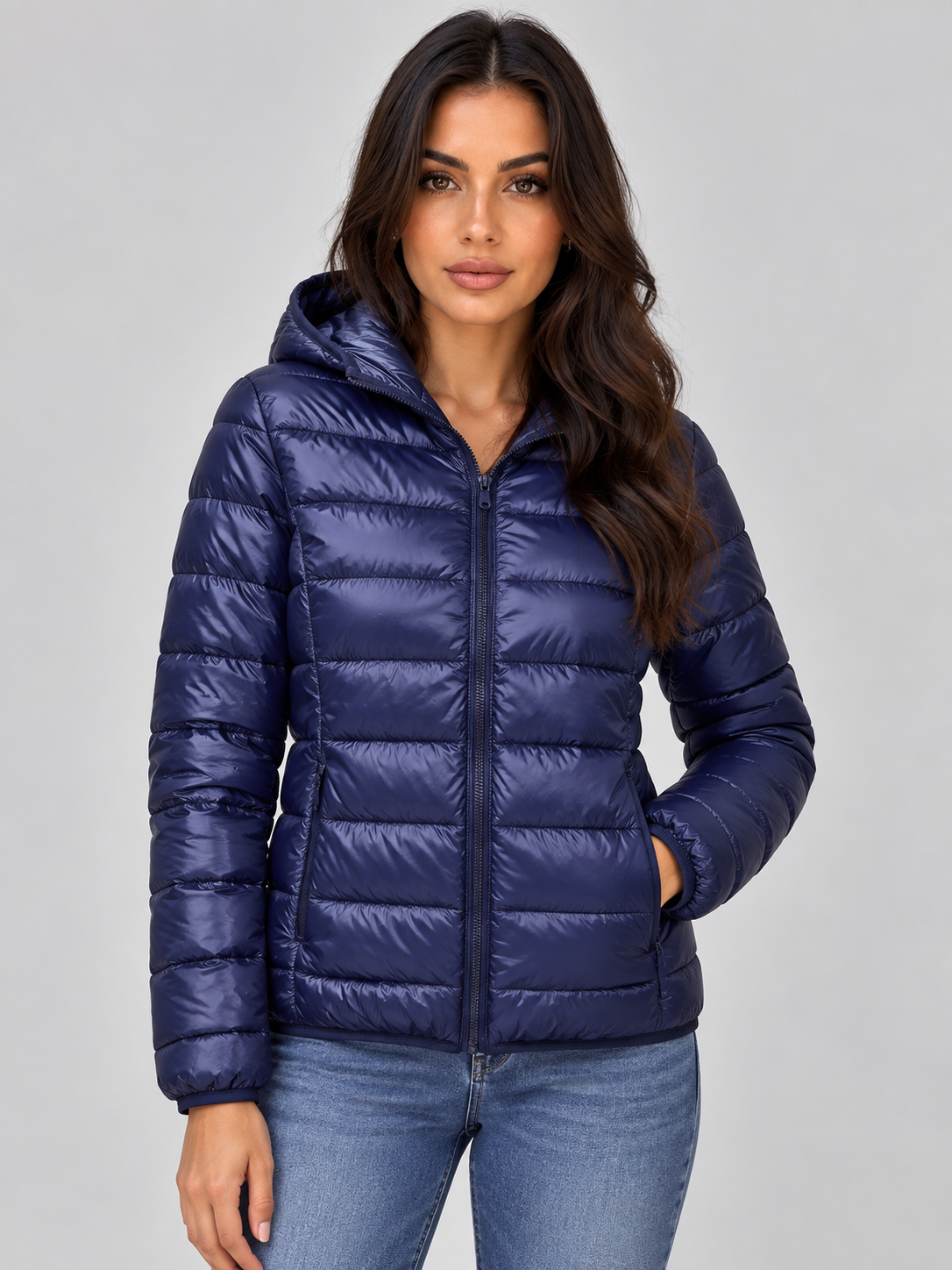 Front view of the hooded quilted puffer jacket in navy blue, showing the full zip and a hand tucked into a side pocket.