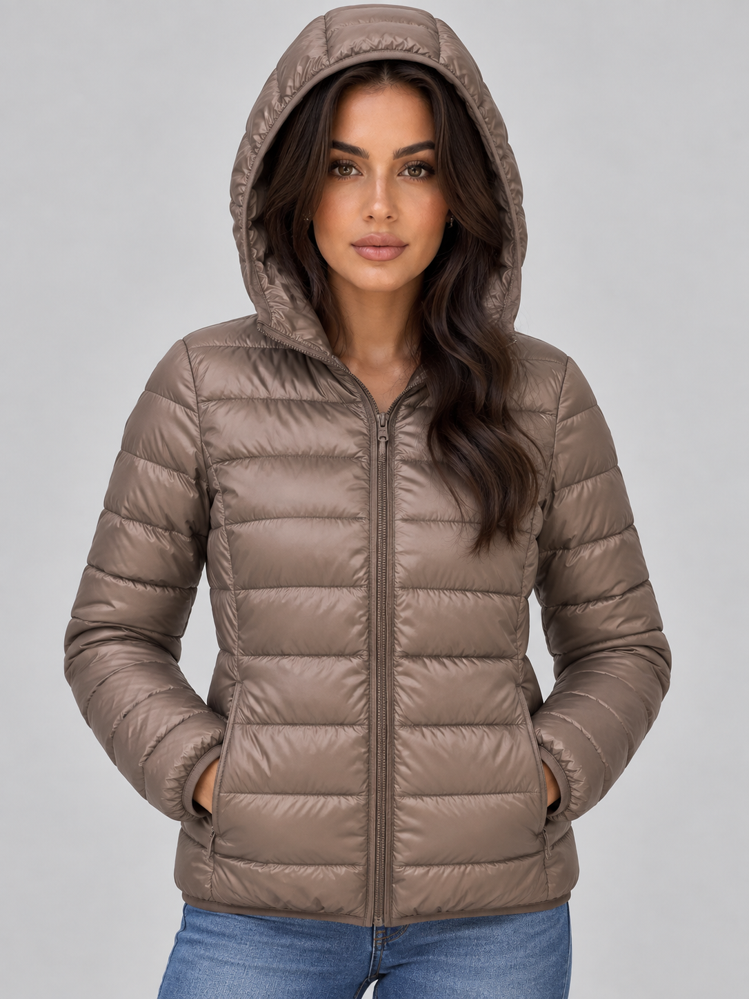 Front view of the hooded quilted puffer jacket in taupe, worn with the hood up and both hands in the side pockets.