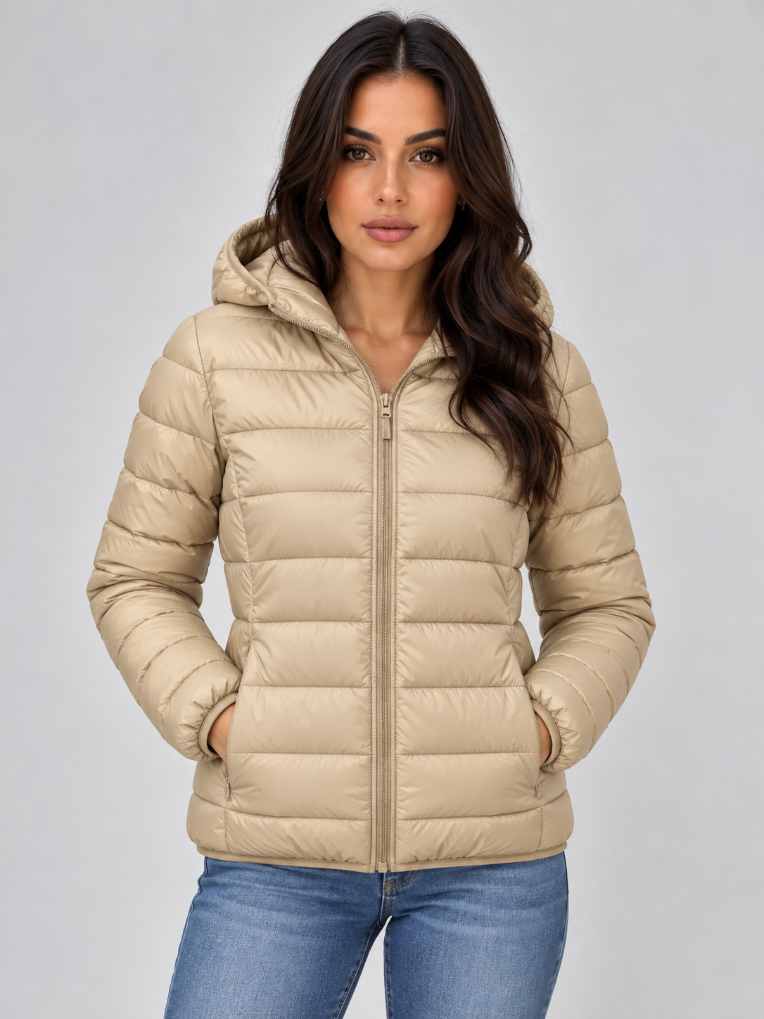 Front view of the beige hooded puffer jacket with horizontal quilting, a full front zip, and both side pockets in use.