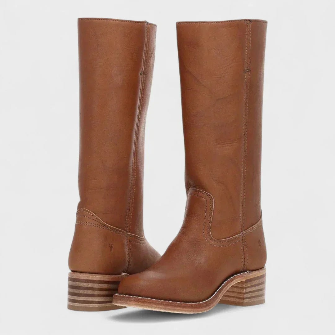 Medium brown knee-high boots presented from the back and side, with visible shaft seams and striped stacked block heels.