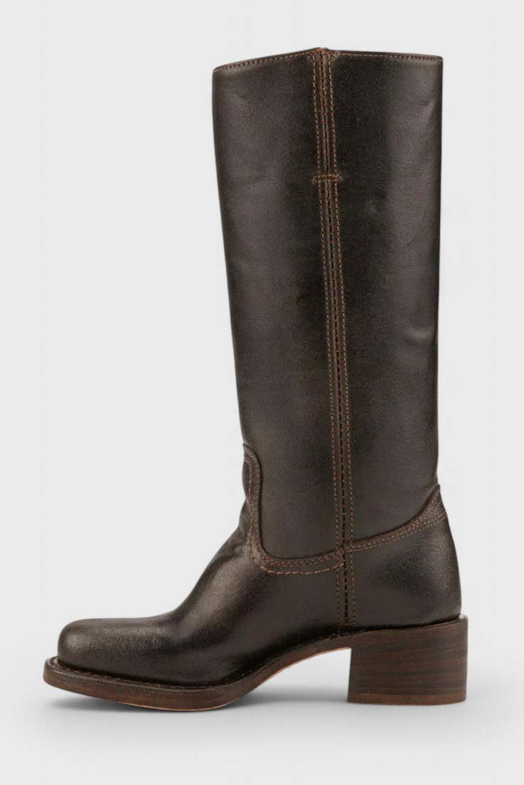Dark brown knee-high boot shown in side profile with a long straight shaft and broad low block heel.