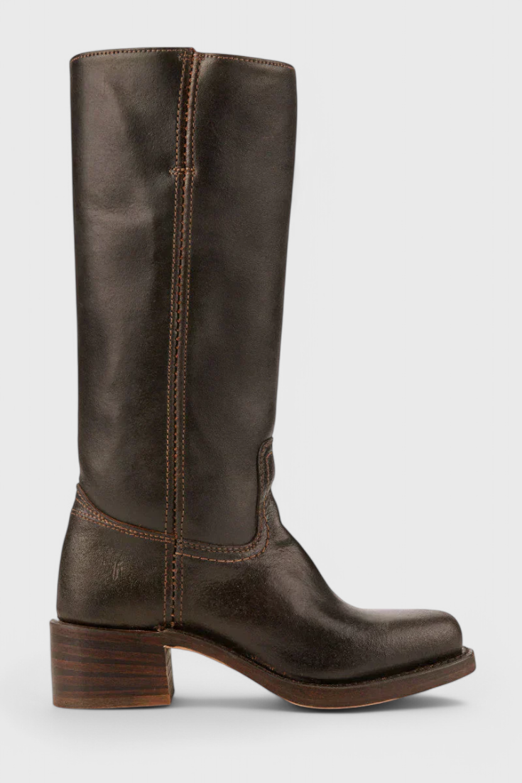 Dark brown knee-high boot from the opposite side, featuring a tall shaft, curved ankle seam, and rounded toe.