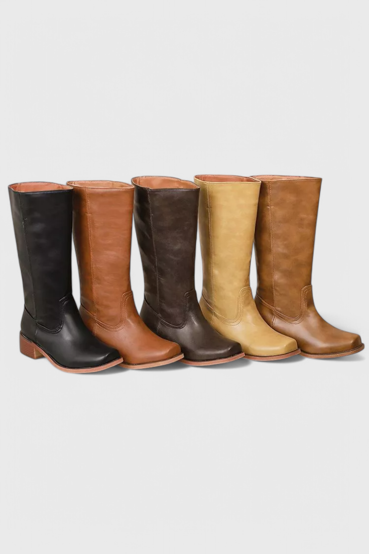 Five knee-high boots arranged side by side in black, brown, dark brown, tan, and warm brown colorways.