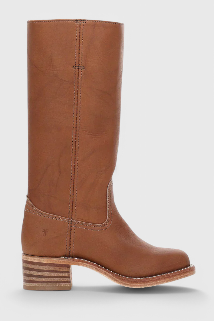 Single brown knee-high boot in a clean side profile, showing its tall shaft, rounded toe, and striped low block heel.