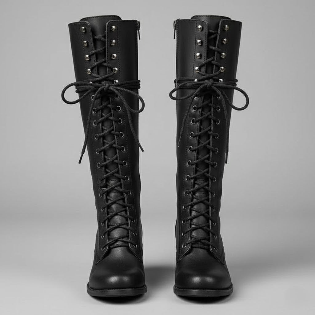 Pair of black knee-high lace-up boots shown from the front with round toes, metal eyelets, and block heels.