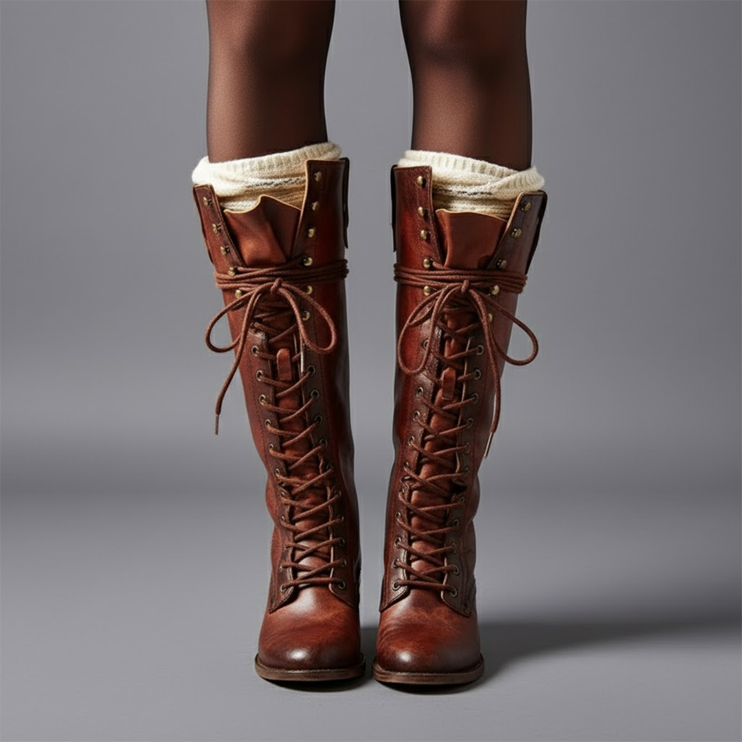 Brown knee-high lace-up boots worn with visible light-colored socks, featuring tied laces and metal eyelets.