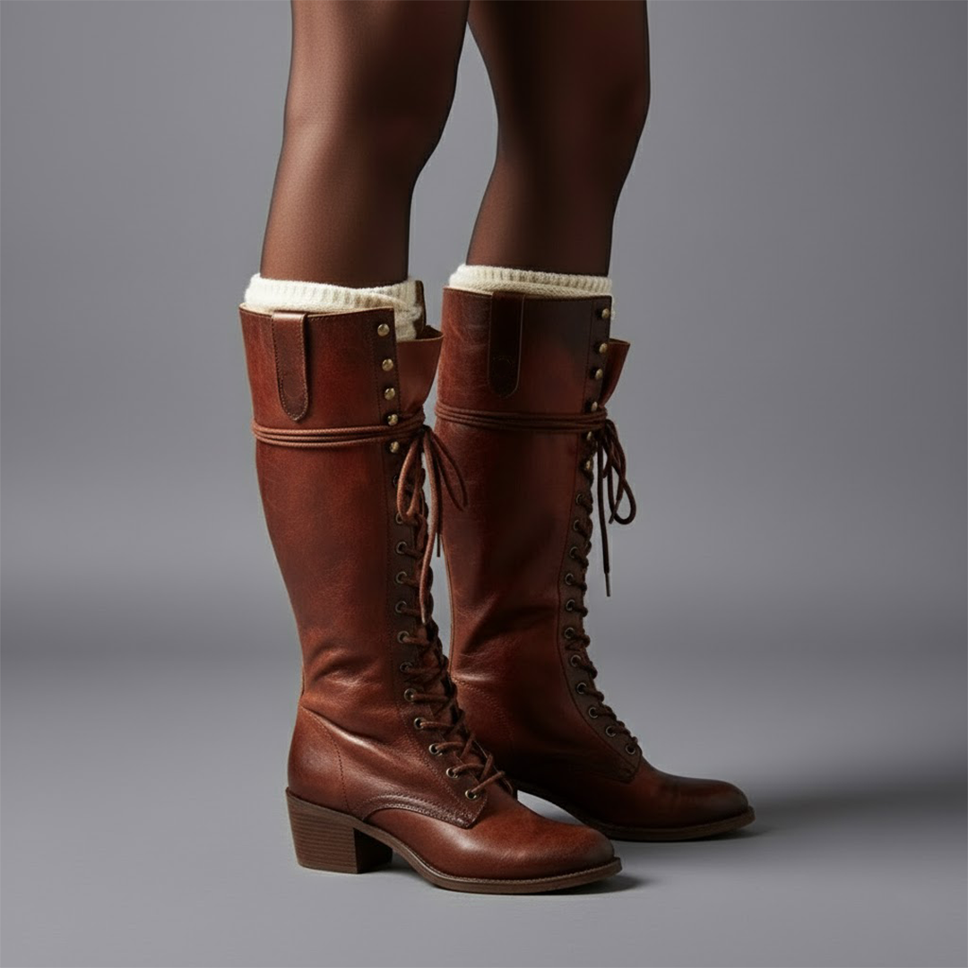 Brown knee-high lace-up boots worn in a three-quarter view, showing the rounded toes, block heels, and light sock trim.
