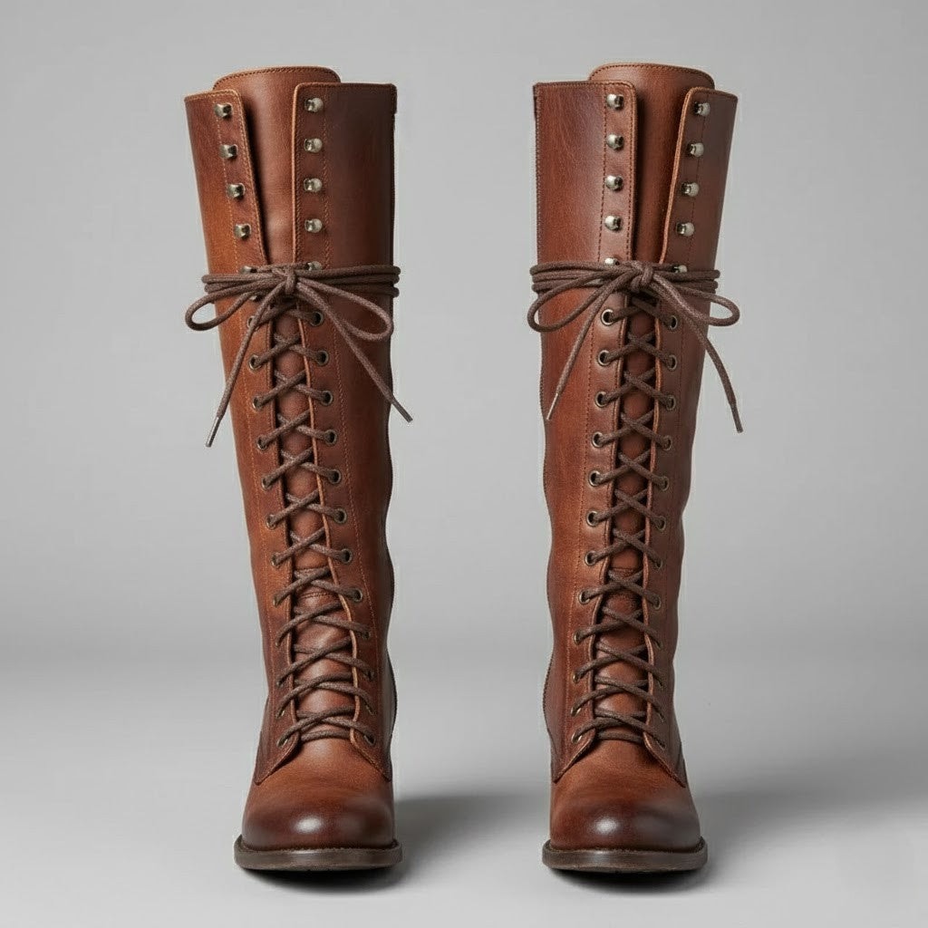 Pair of brown knee-high lace-up boots viewed from the front with prominent metal eyelets and rounded toes.