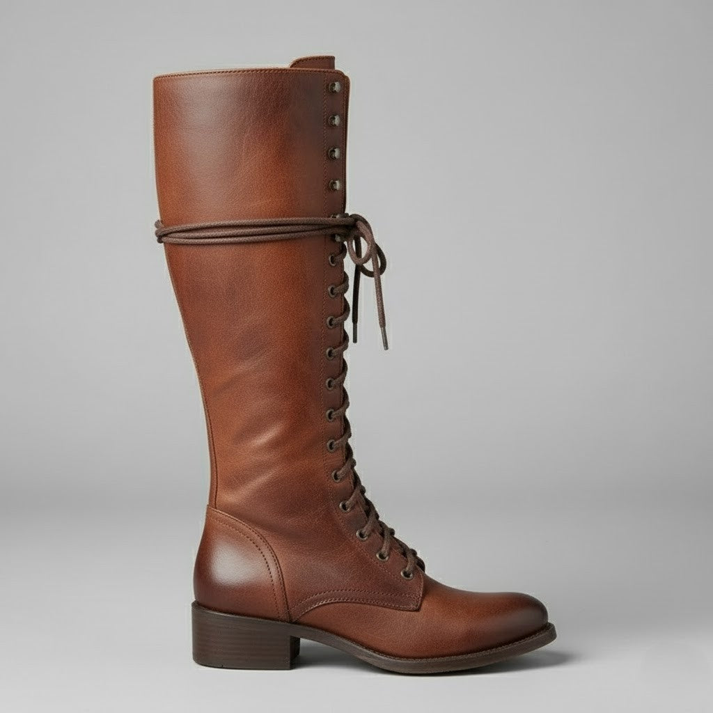 Single brown knee-high boot in side view, showing the full lace-up front, rounded toe, and block heel.