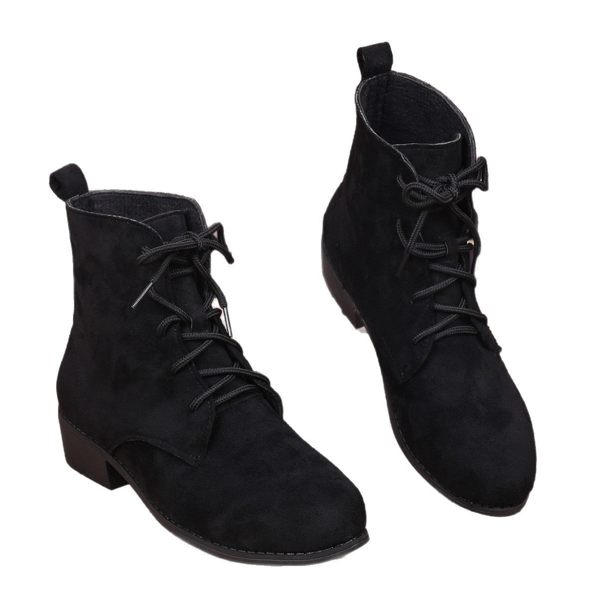 Pair of black lace-up ankle boots displayed separately against a white background, showing their rounded toes, rear pull tabs, and low block heels.