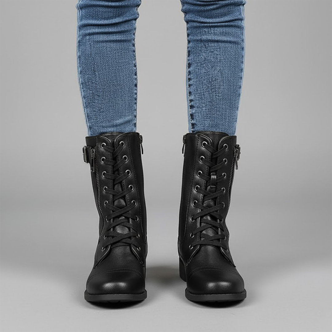 Front view of black lace-up ankle boots worn with blue jeans, showing rounded toes and adjustable lacing.