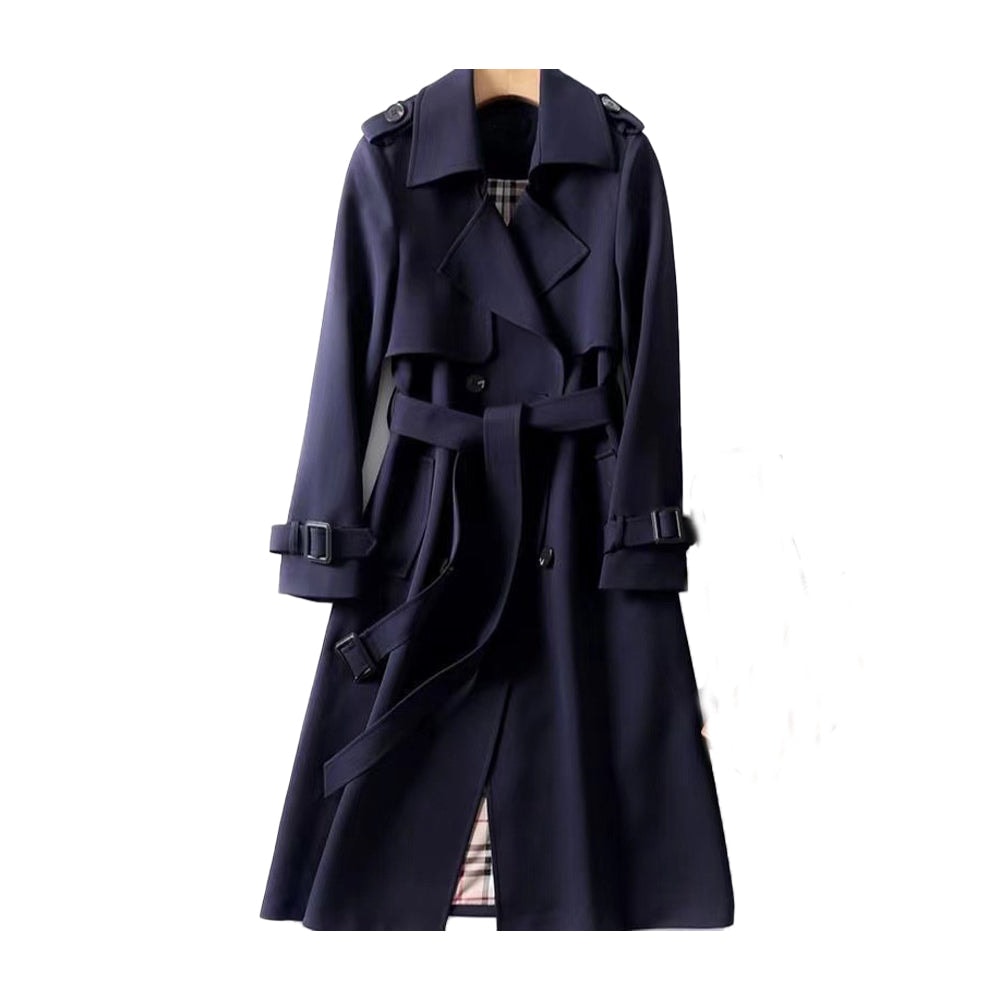 Deep navy long trench coat showing the double-breasted button front, tied waist belt, adjustable cuff tabs, shoulder epaulettes, and plaid-patterned lining.