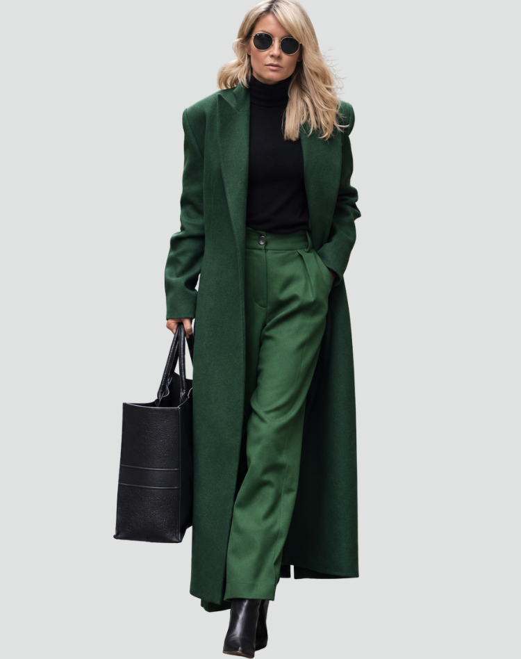 Long deep green coat styled with a black turtleneck, matching trousers, sunglasses, and a large tote.