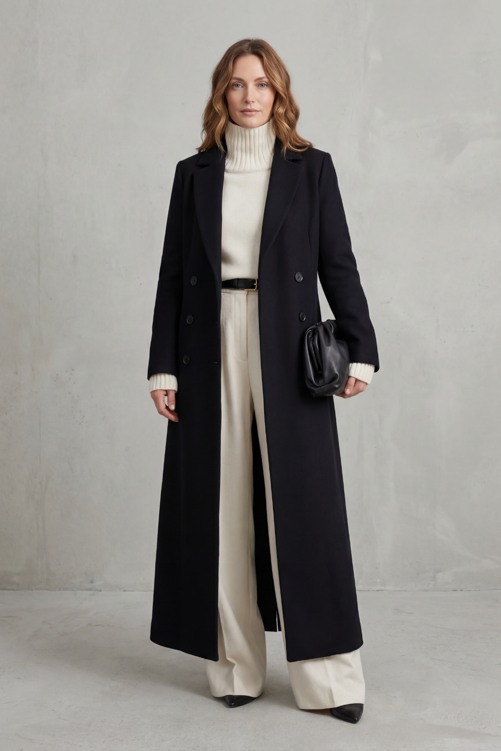 Black full-length tailored coat shown from a centered front view, styled over a light turtleneck and wide-leg trousers.