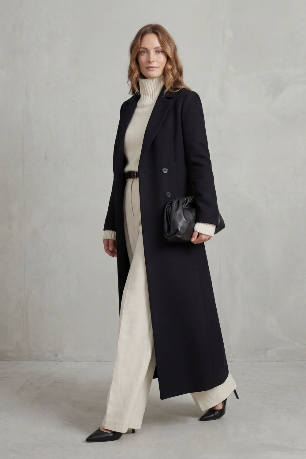 Three-quarter view of the black double-breasted coat, showing its notched lapel, side profile, and long straight hem.