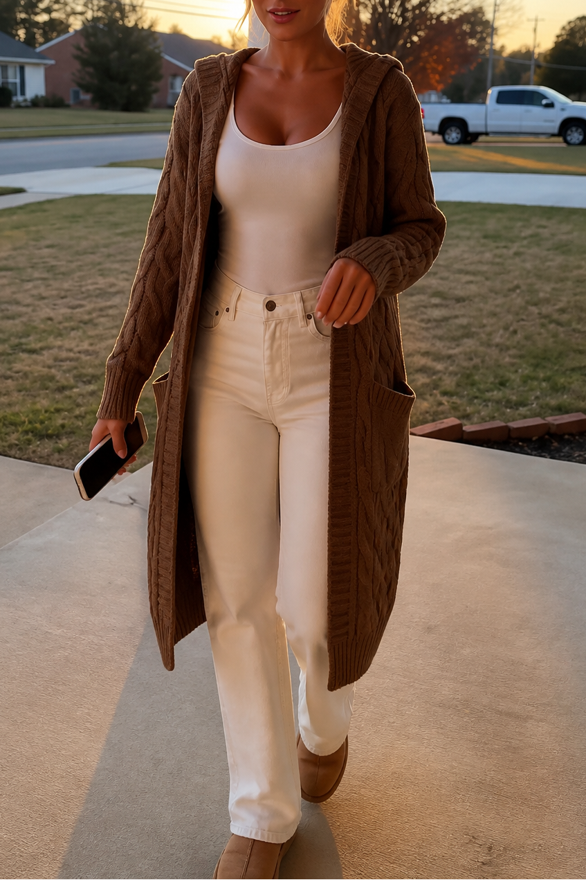 Brown long hooded cable knit cardigan worn open outdoors, showing its relaxed fit, full-length sleeves, and front patch pockets.