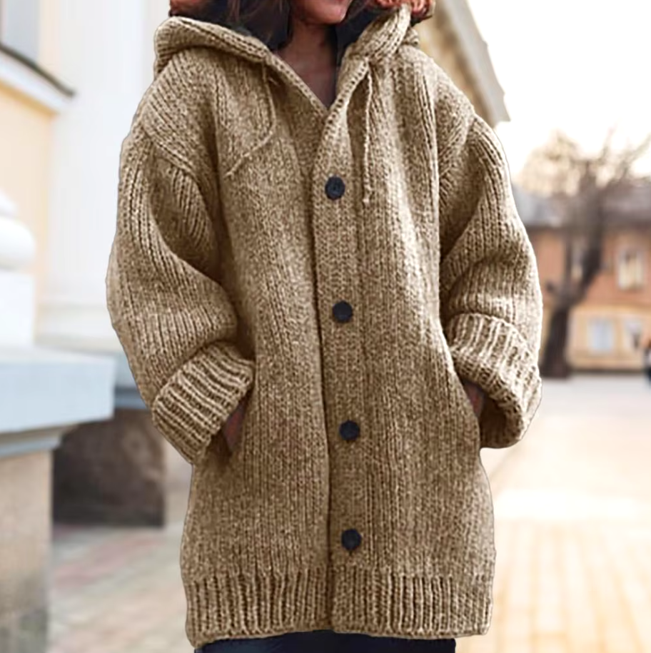 Taupe long chunky knit cardigan with an attached hood, button front, ribbed cuffs and hem, and two front pockets.
