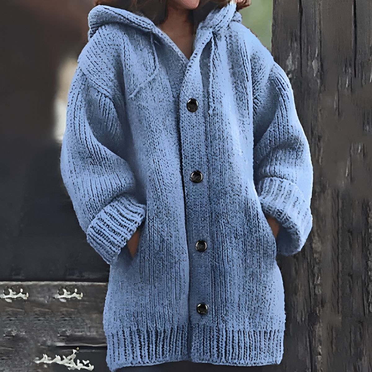 Pale blue chunky knit cardigan with a raised hood, four visible front buttons, and hands tucked into the side pockets.