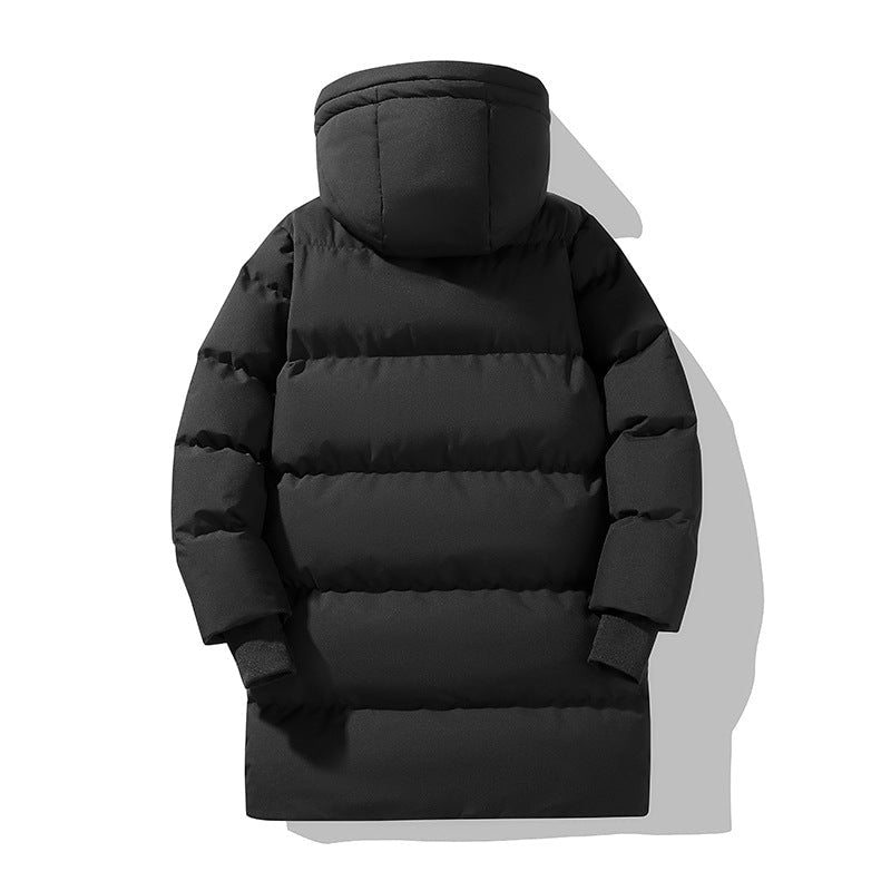 Rear view of the black long puffer jacket, highlighting its raised hood, broad horizontal quilting, ribbed cuffs, and extended hem.