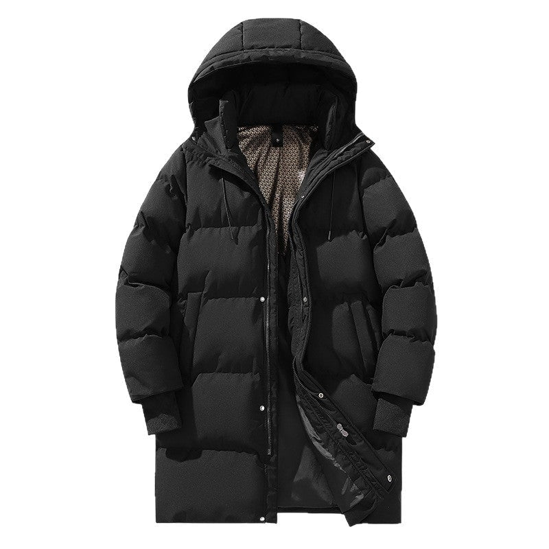 Black long puffer jacket shown open from the front, revealing the patterned interior, high collar, snap closures, and angled side pockets.