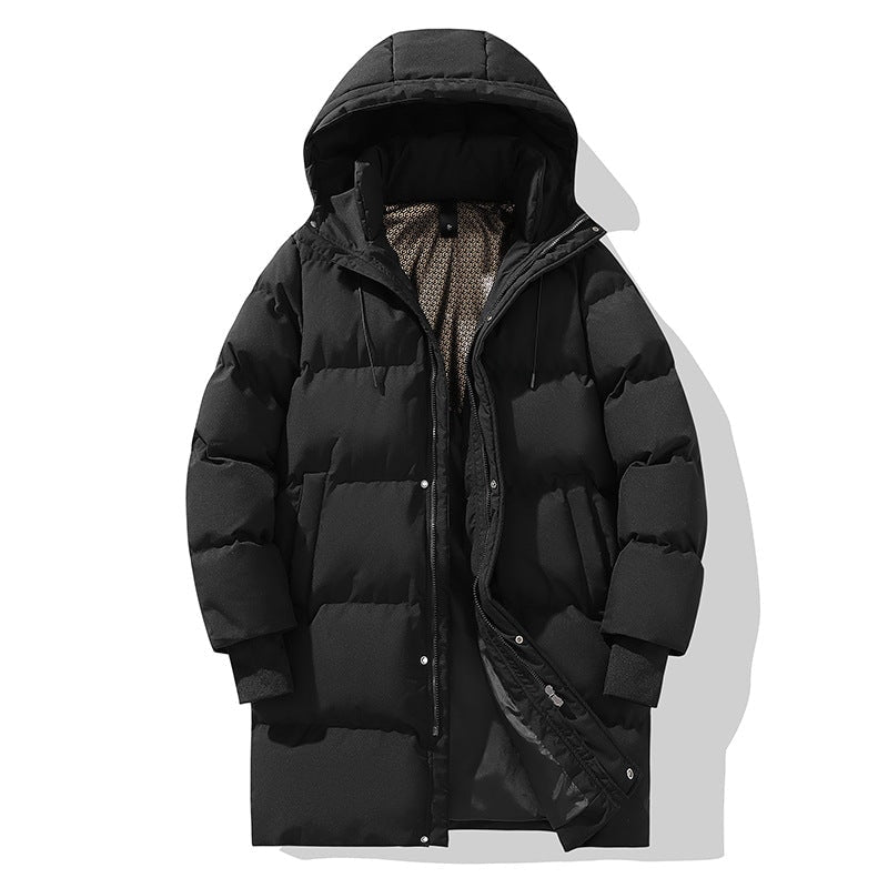 Front view of the black hooded puffer jacket with the hood raised and front partly open, showing the layered closure and interior lining.