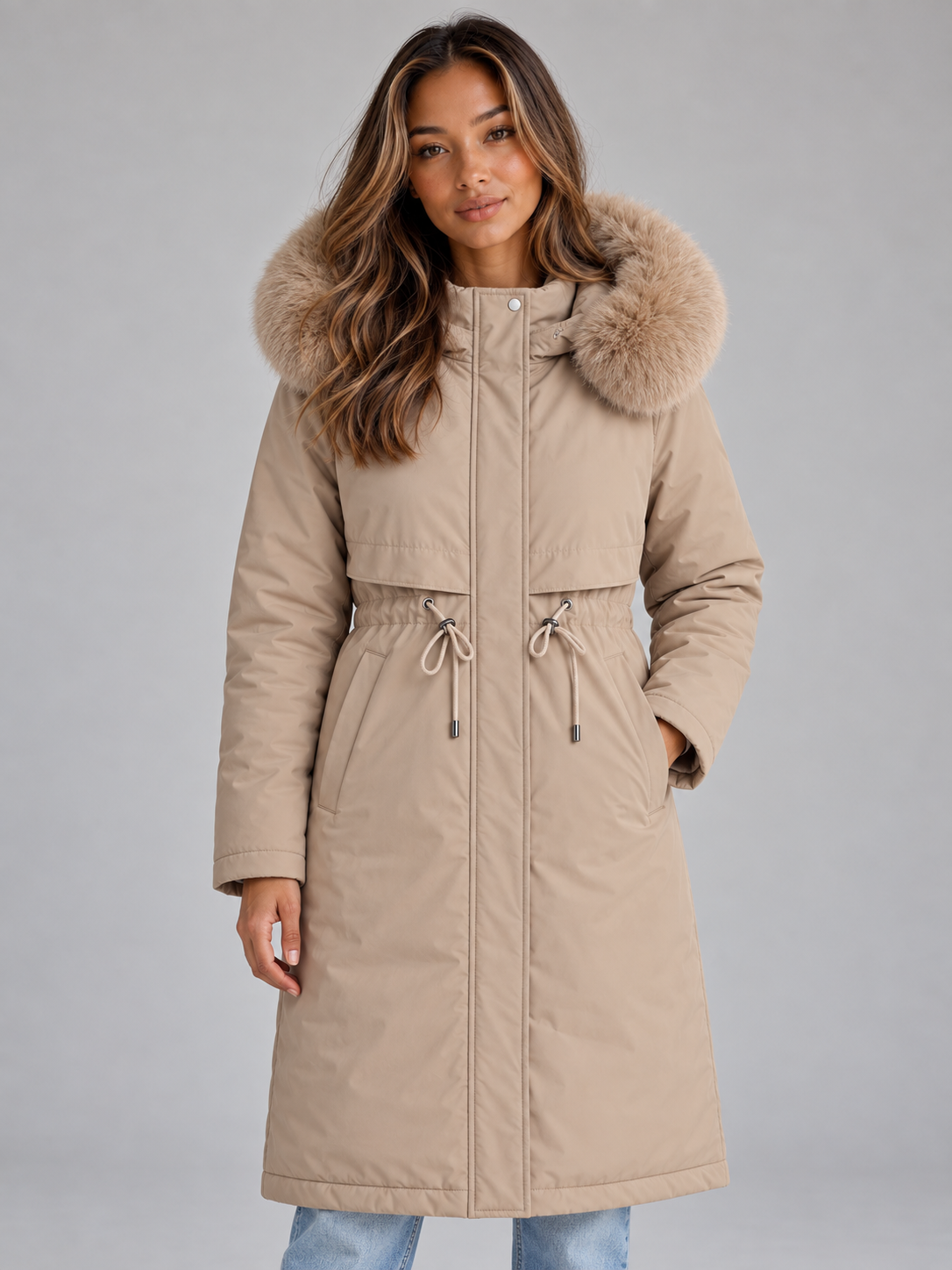Front view of a long beige hooded winter coat with tan faux fur trim, zip front, adjustable drawstring waist, long sleeves, and side pockets.