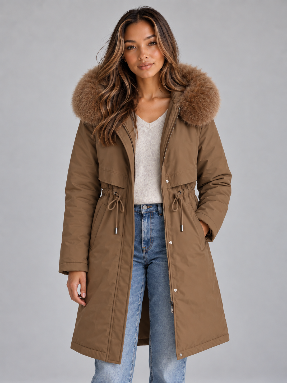 Front view of the long hooded winter coat in dark brown, featuring tan faux fur trim, a zip front, drawstring waist, and side pockets.