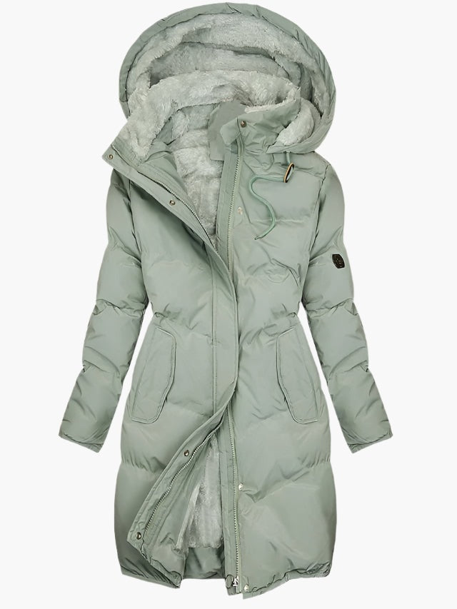 Long sage green quilted winter coat with a lined hood, long sleeves, front closures, and two side pockets.