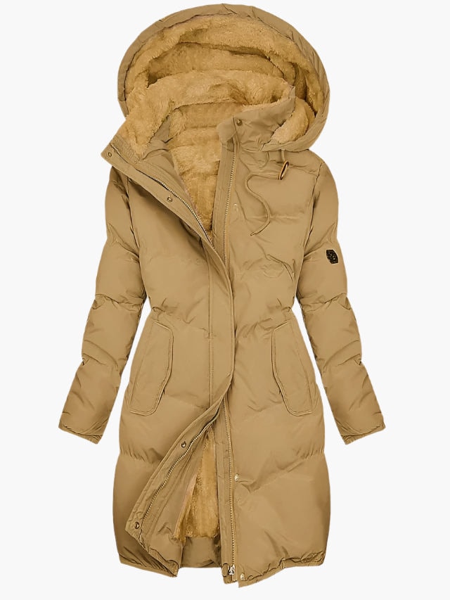 Long tan quilted winter coat with a lined hood, full-length sleeves, front closures, and two side pockets.
