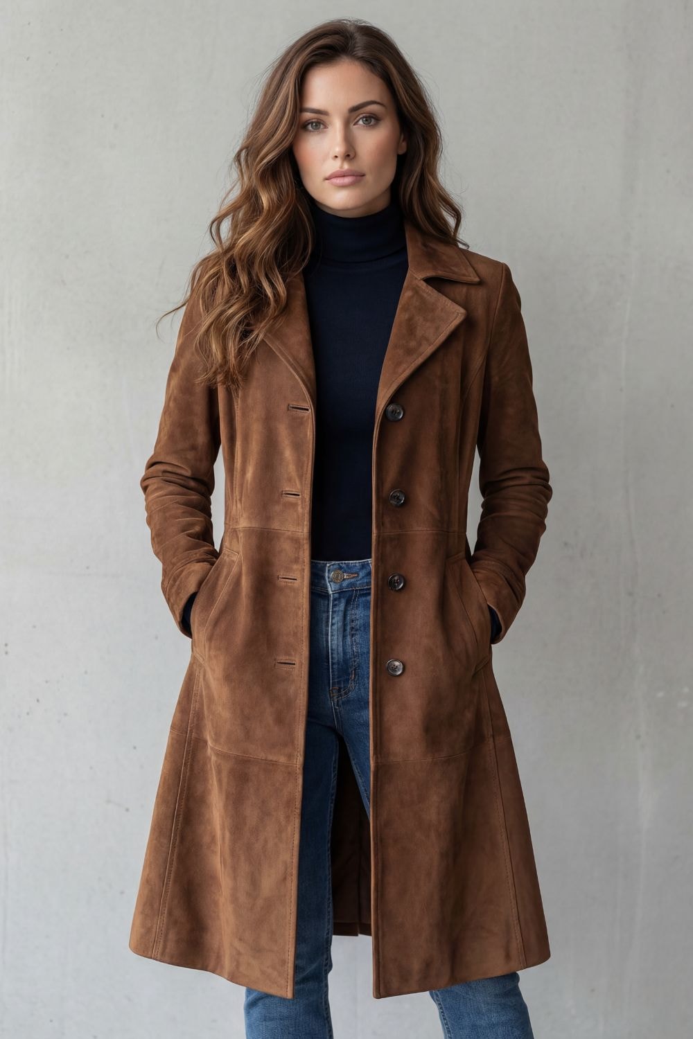 Full front view of the brown tailored longline coat, showing its extended length, structured lapels, and streamlined silhouette.